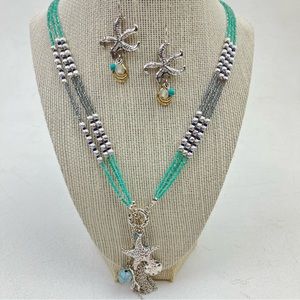 Beaded Sealife Charms and Tassle Toggle Necklace and Earring Set Starfish Coral